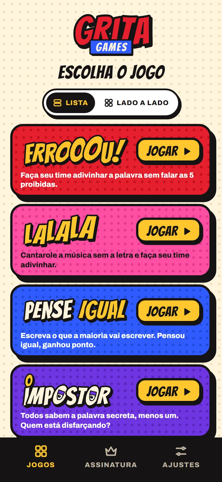 Tela inicial do Grita Games com os 4 jogos
