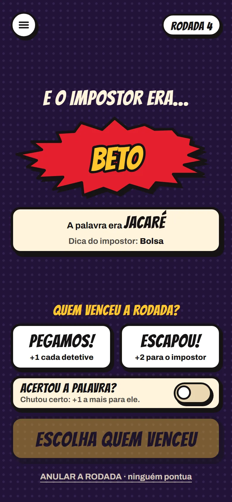 Revelação do impostor com a palavra e a dica